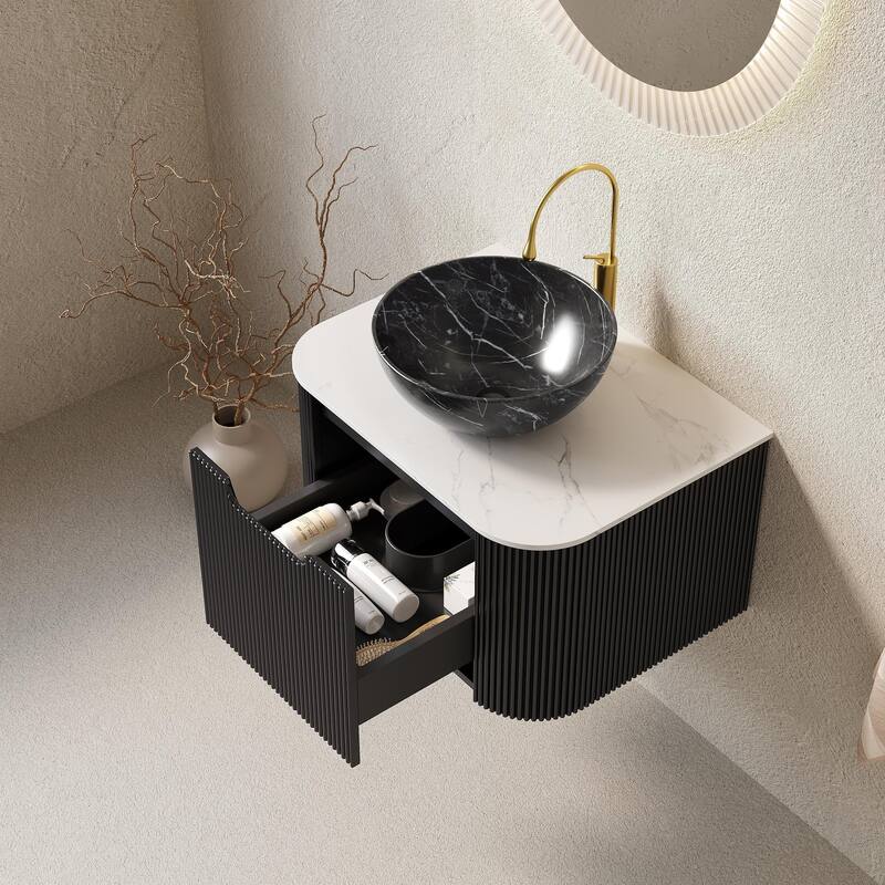 Wall Mounted Bathroom Vanity with Black Bowl Ceramic Basin