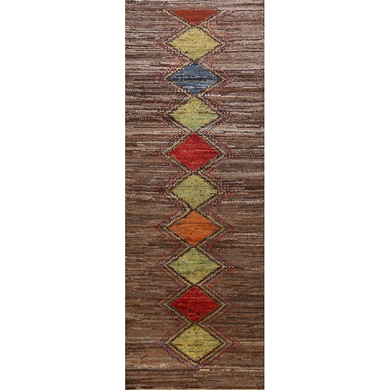 Geometric Moroccan Oriental Runner Rug Hand-Knotted Wool Carpet - 3'6" x 12'6"