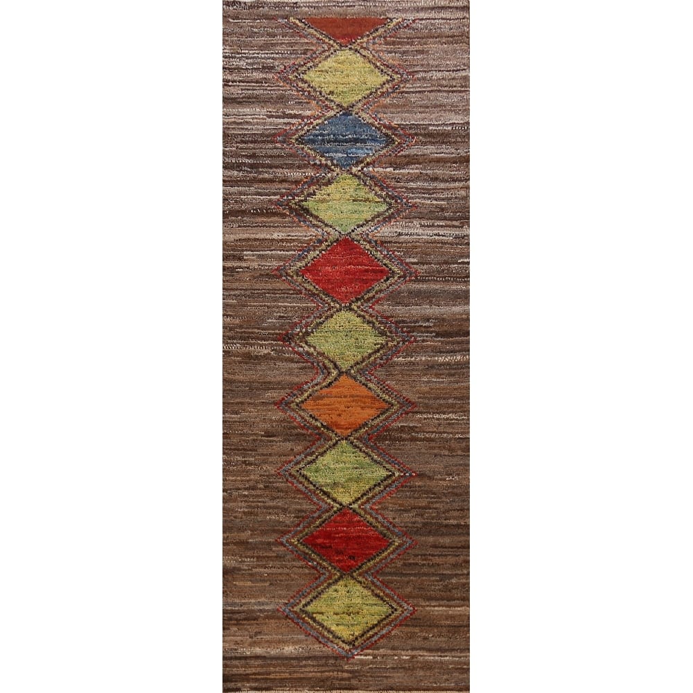 Geometric Moroccan Oriental Runner Rug Hand-Knotted Wool Carpet - 3'6" x 12'6"