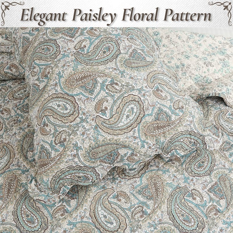 Cozy Line Aquamarine Turquoise Tan Brown Paisley 3 Piece Cotton Queen Quilt Bedding Set
