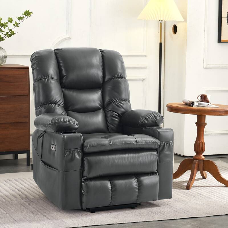MCombo Large Dual Motor Power Lift Recliner Chair with Massage and Dual Heating for Elderly People, Faux Leather 7634 - Dark Grey