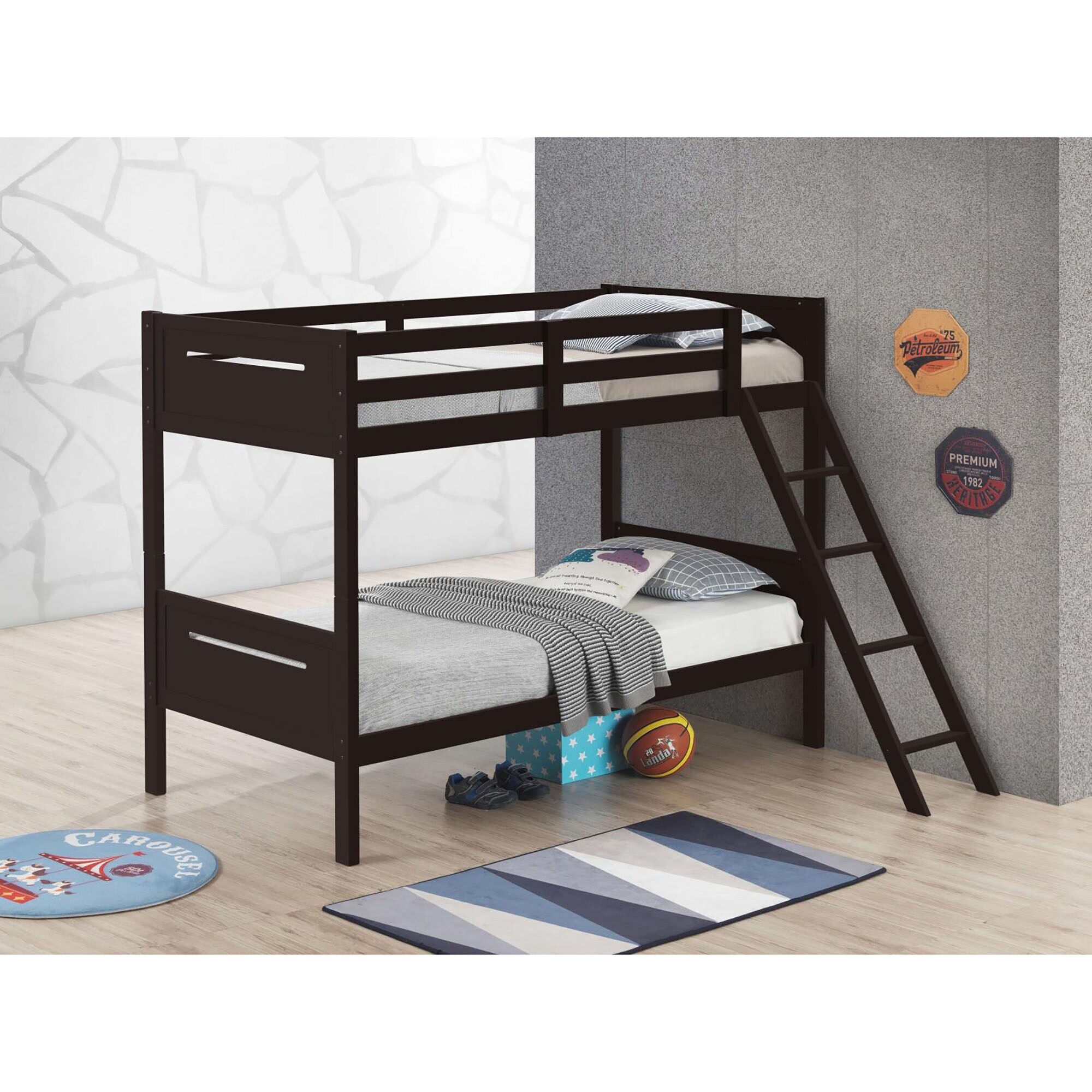 Twin over Twin Wood Bunk Bed with Built-in Ladder and Convertible to Two Single Beds