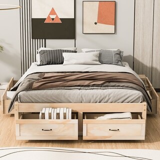Antique Natural Wood Platform Bed Frame with 6 Storage Drawers -Queen ...