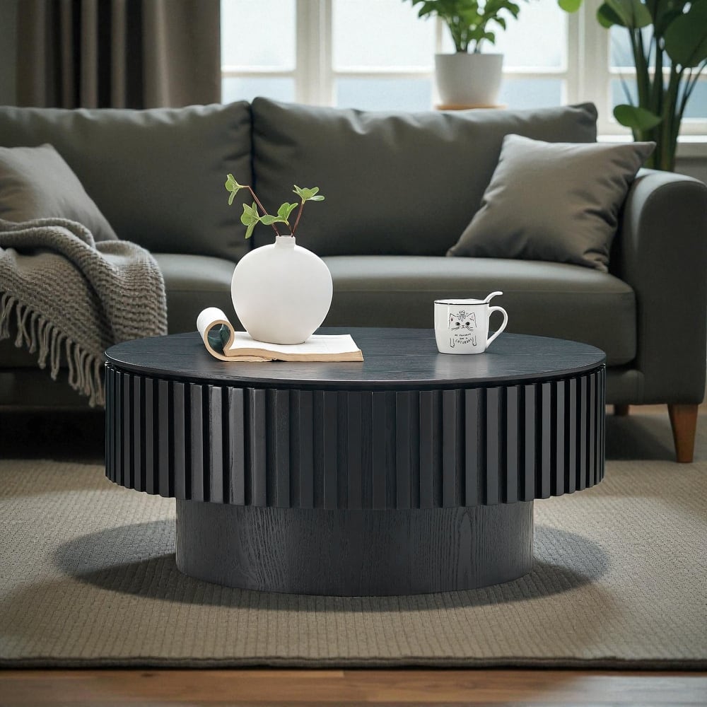31.49'' Modern Round Coffee Table with Storage, Small Pedestal Coffee Table for Apartment or Living Room