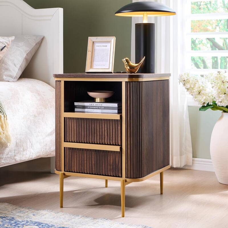 Modern Luxury Fluted Nightstand with faux marble tabletops, End Table