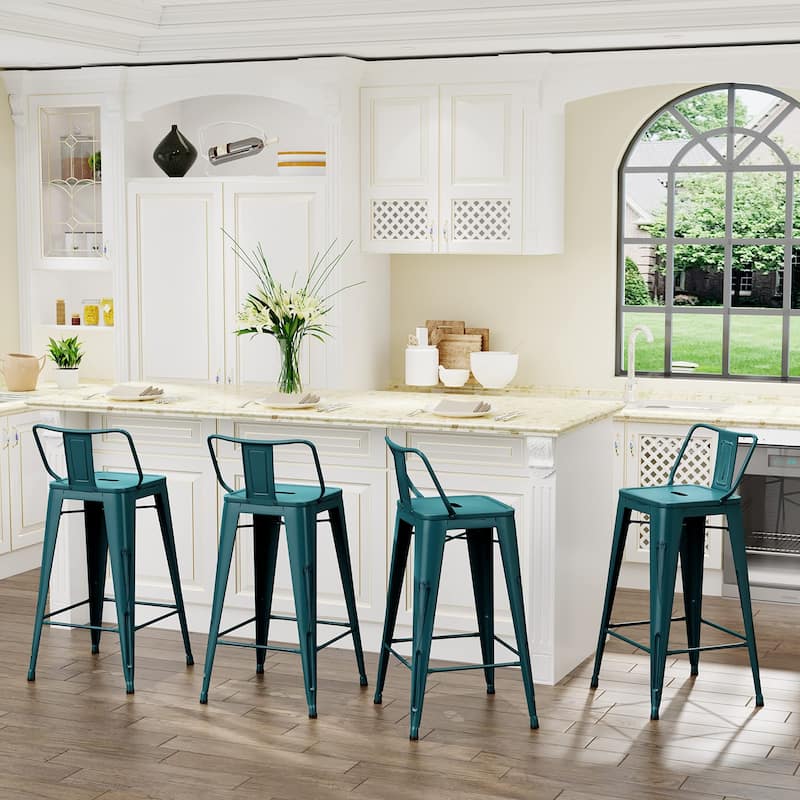Metal Bar Stools Set of 4,Bar Stool with Low Back for Indoor/Outdoor Barstools - Teal - Short