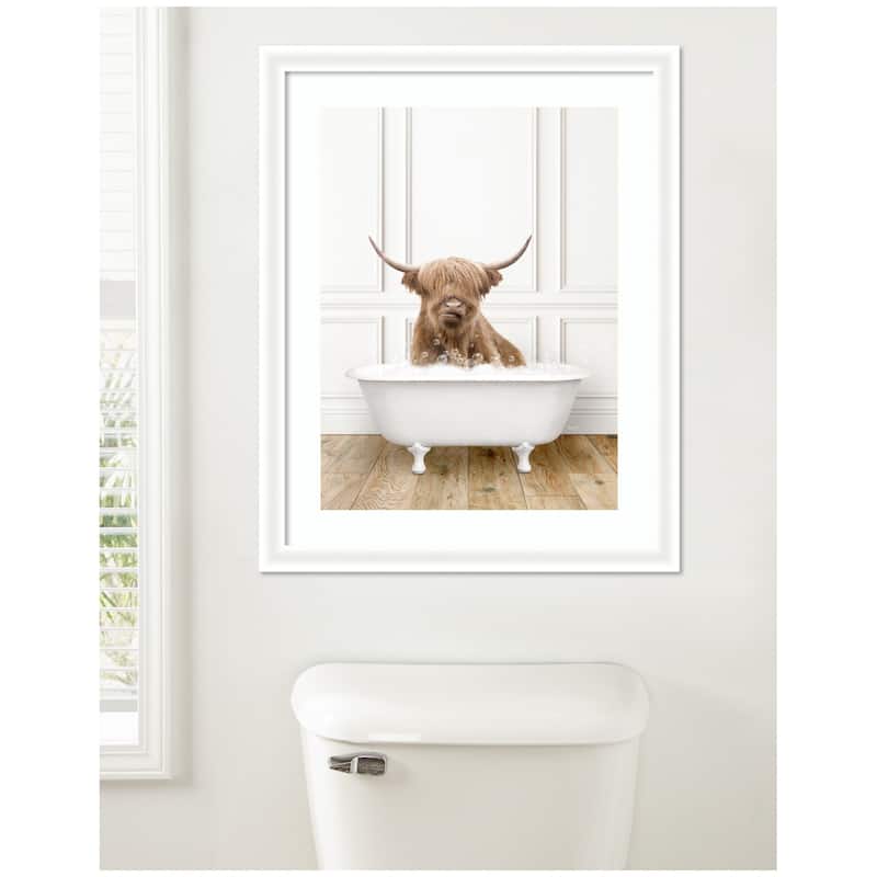 Kate and Laurel Highland Cow in Traditional Vintage Bathtub by Amy Peterson Framed Wall Art Print
