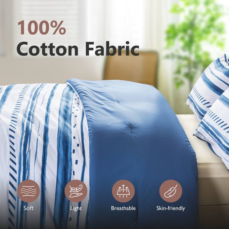 3-Piece 100% Cotton Coastal-inspired Comforter Set, Blue Striped Comforter and 2 Pillowcases for All Season