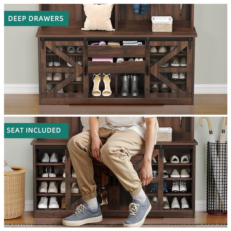 Moasis Farmhouse Hall Tree with Bench and Shoe Storage, 2 Drawers Coat Rack for Entyrway
