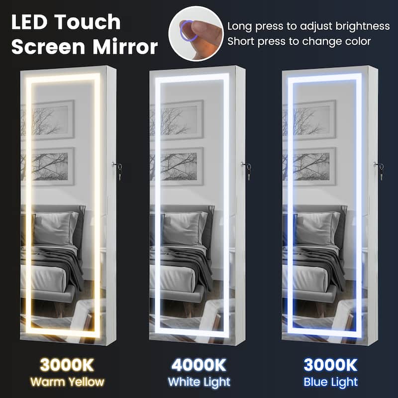 Gymax LED Mirror Jewelry Cabinet Wall/Door Mounted Organizer Armoire