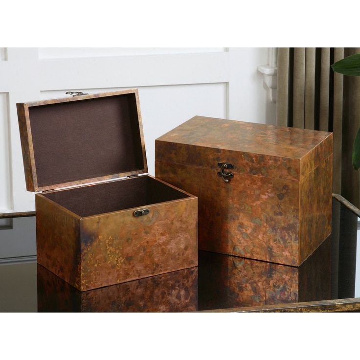 Shop Set Of 2 Oxidized Copper Handcrafted Decorative Storage Boxes With Hinged Lids Overstock 17889850