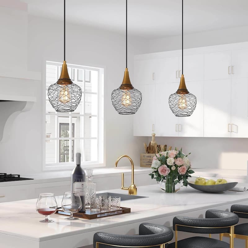 Alisar Mid-century Modern 7inch Mini Farmhouse Metal Cage Lantern Pendant Black Wire Kitchen Island Bar Ceiling Lights