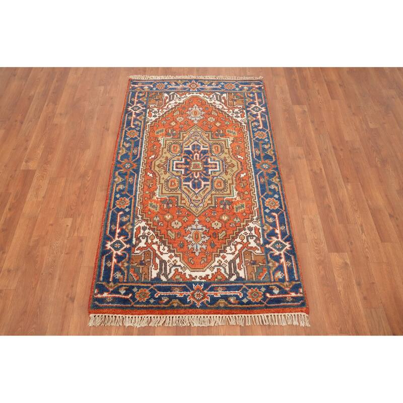 Hand Knotted Oriental 100% Wool Carpet Traditional Medallion Oranges & Rust Heriz (serapi) Area Rug - 5' 0'' X 2' 10''