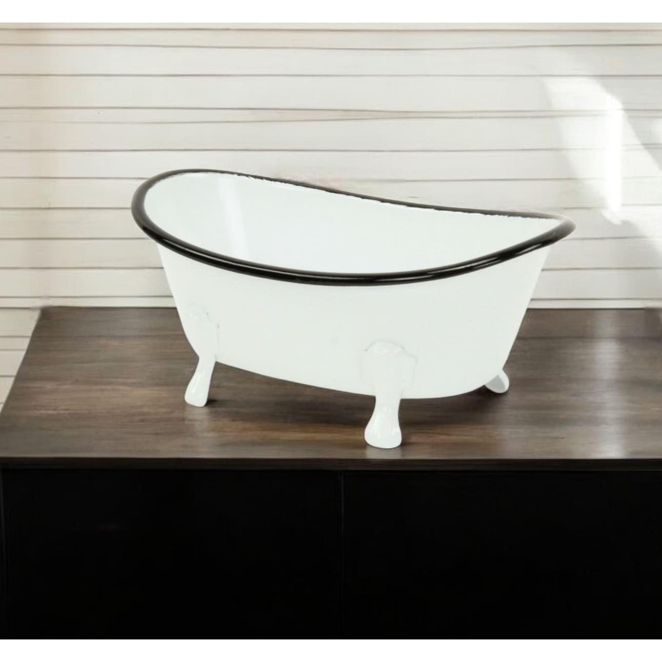 HomeRoots 3" White Fabric Hand Painted Decorative Tub Tabletop Sculpture - 7' X '3.25' X '4