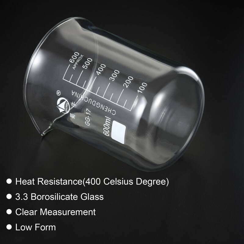 600ml Low Form Glass Beaker, 3.3 Borosilicate Lab Measuring Cups - Clear