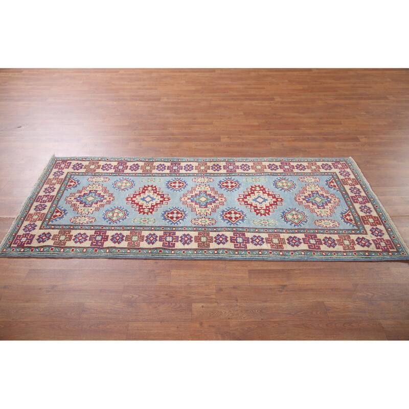 Hand Knotted Oriental 100% Wool Carpet Traditional Geometric Navy Blue & Blues Kazak Runner Rug - 6' 6'' X 2' 9''
