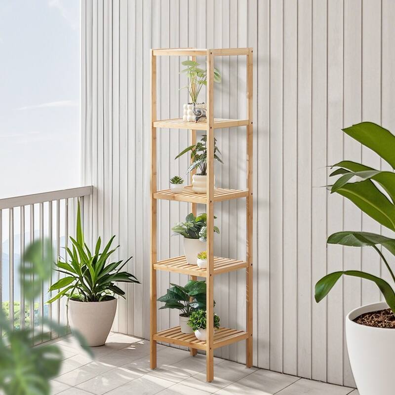 Freestanding 5-Tier Wicker Shelf, Narrow Storage Unit for Bathroom, Home or Kitchen - 12.99" x 12.99" x 57.87"
