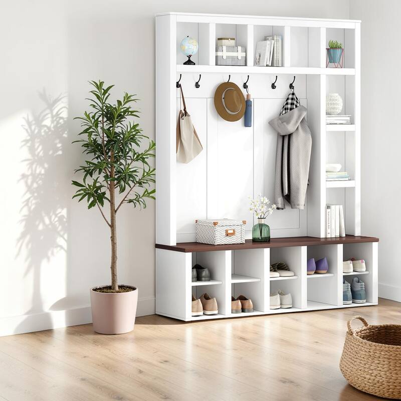 Farmhouse Entryway Hall Tree with Coat Rack, 13 Cubbies Shoe Storage, Adjustable Shelves & Walnut Bench