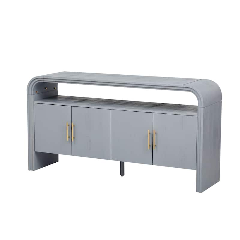 Curved Sideboard with 4 Doors, Wood Accent Entryway Console Table, Freestanding Buffet Cabinet with Open Shelves