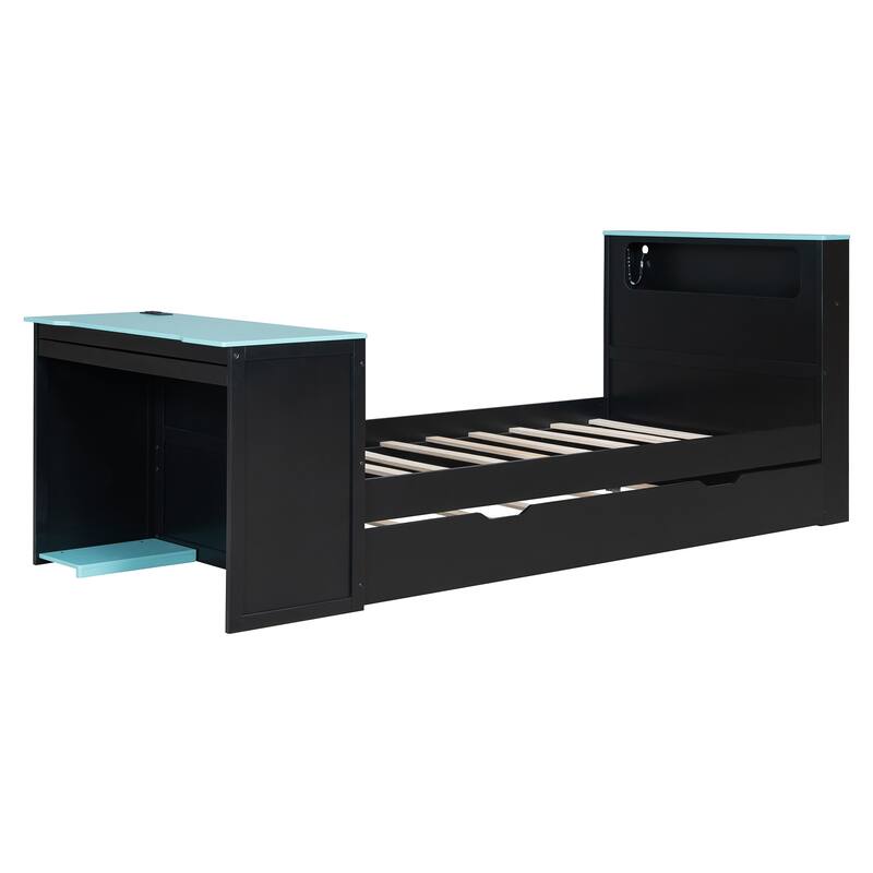 Wood Daybed with Trundle & Built-in Desk, LED Lights & USB Charging Port, Available in Full or Twin