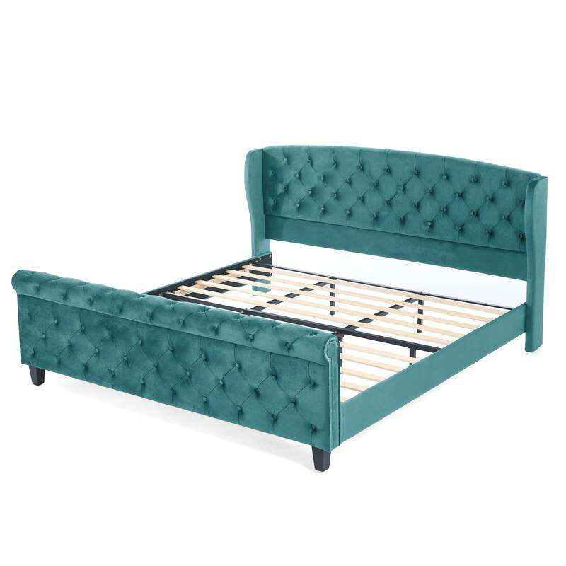 Christopher Knight Home - Amara Traditional Velvet Upholstered Sleigh Bed with Wingback Headboard & Scroll Footboard, King Size