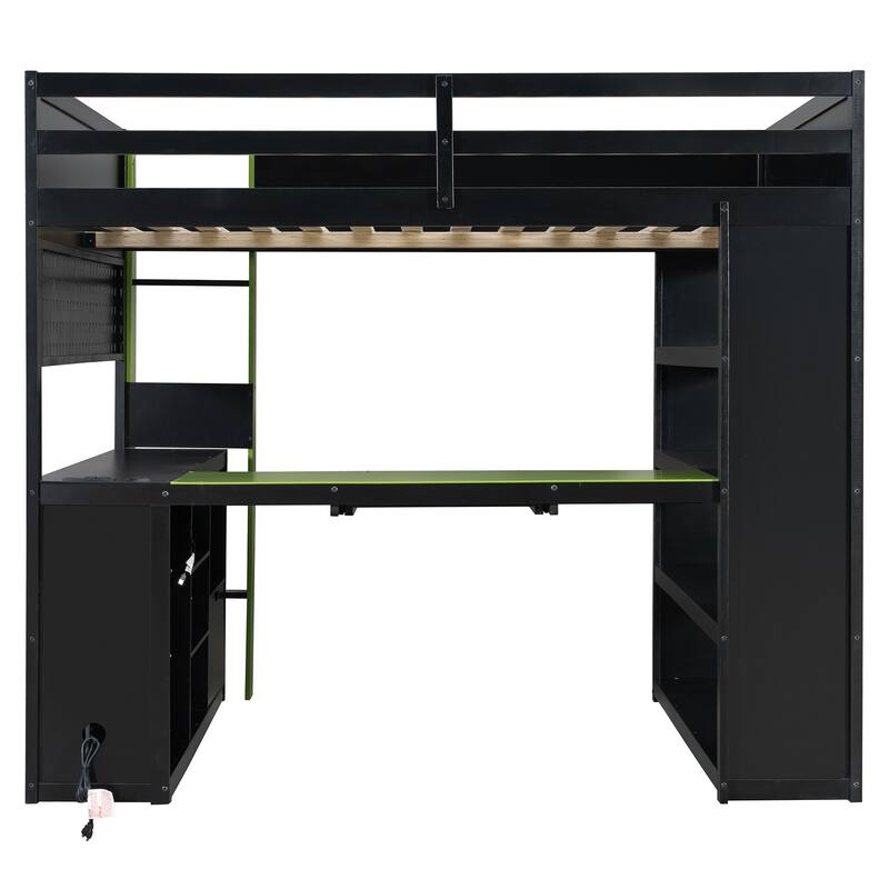 Full Size Gaming Loft Bed with Desk & RGB LED Lights, Pro-Gamer Setup with Pegboard, Keyboard Tray & Storage