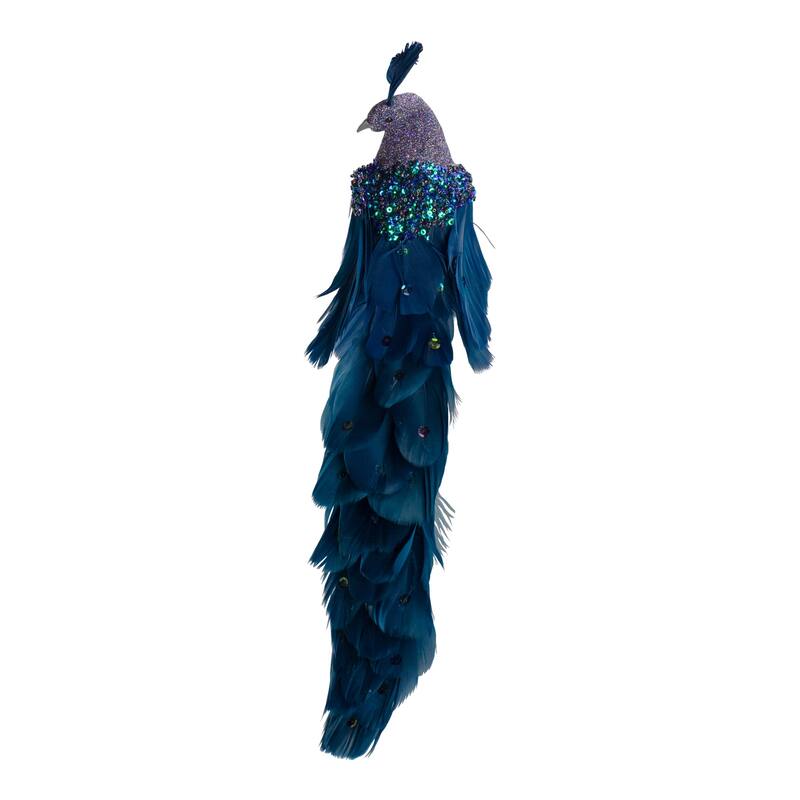 14.75" Glittered Blue and Green Peacock Christmas Clip-On Christmas Ornament