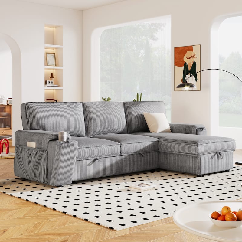 Upholstery Sleeper Sectional Sofa with Storage Bags & 2 Hidden Cup Holders