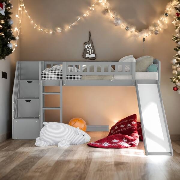 slide 2 of 17, Elegant Stairway Twin Size Loft Bed with Two Drawers, Convertible Ladder and Slide, Sturdy and Durable, Maximized Space, Grey Grey