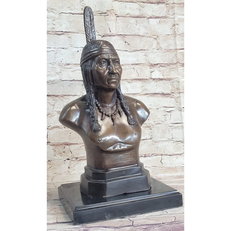 Bronze Bust Native American Indian W/ Braided Hair Statue On Marble Base 12 Inches X 7 Inches
