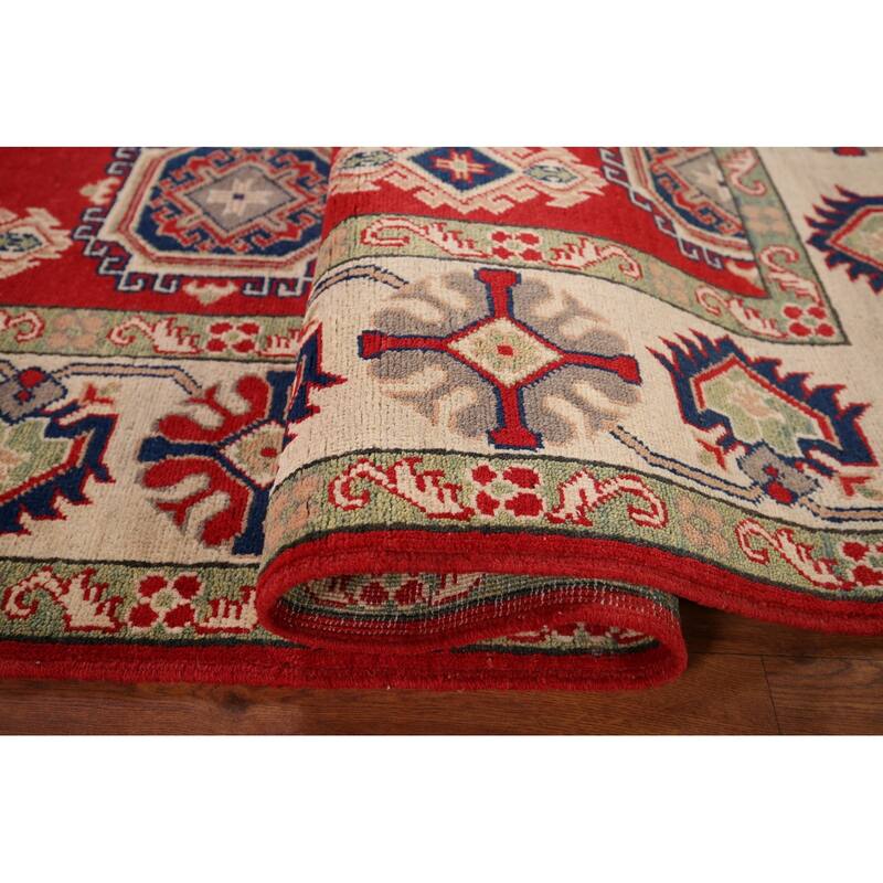 Geometric Kazak Rug Hand-Knotted Bedroom Red Wool Carpet - 5'9" x 7'7"