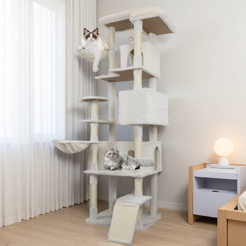 84 in Beige cat tree tower with large condo sisal scratching post big hammock and top platform