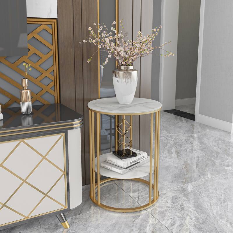 End Table 2-Tier Round Side Accent Table with Sintered Stone Tabletop - 15.7x15.7x21.3 inch