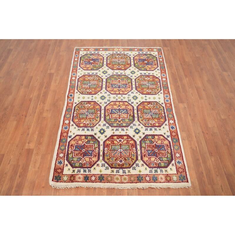 Hand Knotted Oriental 100% Wool Carpet Traditional Geometric Beige & Ivories Kazak Area Rug - 5' 11'' X 3' 10''