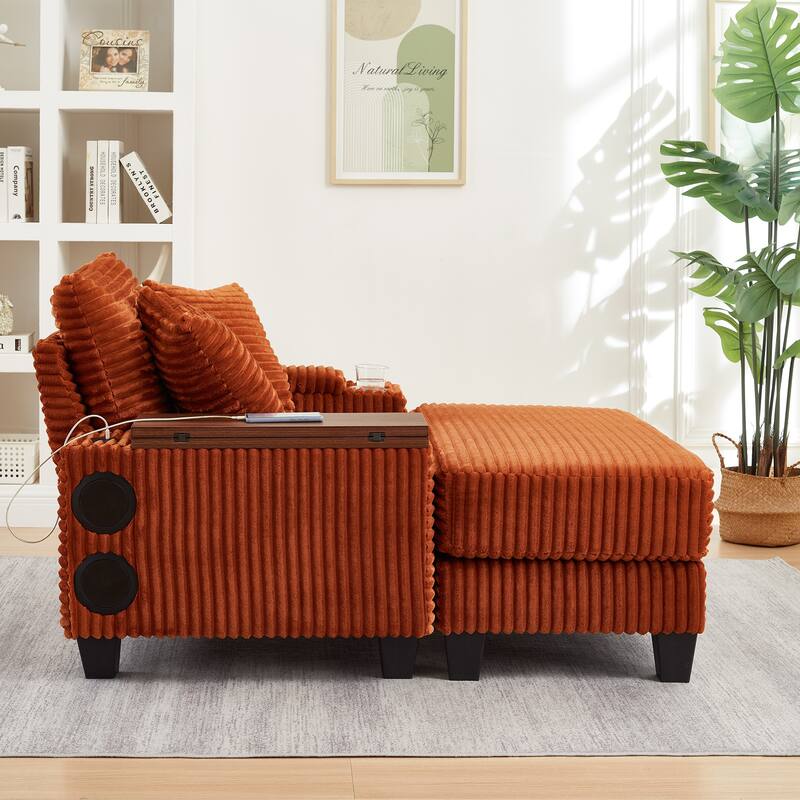 Versatile Chaise Lounge Single Sofa Chair with Ottoman, Swivel Table, Storage Armrest, Cup Holder, Bluetooth Speaker and USB