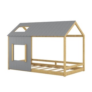 Rustic Twin House Bed with Skylight & Guardrails - Sturdy Wooden Support