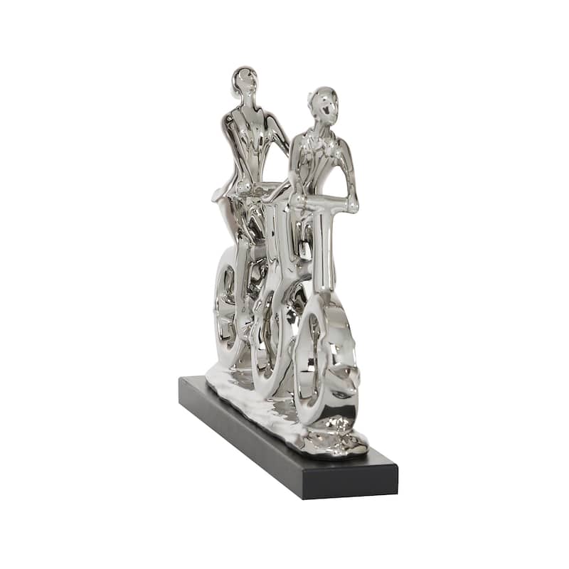 Silver Polystone People Decorative Sculpture with Bike - 18 x 3 x 13