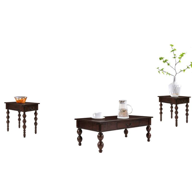 Retro 3-Piece Solid Wood Coffee Table Set with Storage Drawer, Vintage Design for Living Room and Office Decor