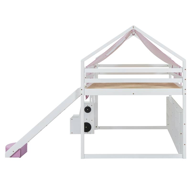 Wooden Loft Bed with House-Shaped Frame, Tent, Slide, and Ladder, Twin/Full Size, Natural Beige