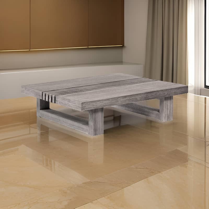 Hida 33 Inch Outdoor Patio Coffee Table, Grooved Top, Gray Eucalyptus Wood