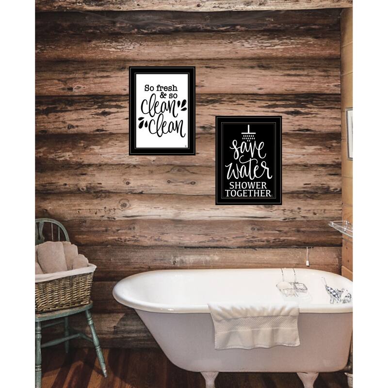 2-Piece Framed Wall Art Set - Bathroom Humor "Clean/Shower Together", Black Frame
