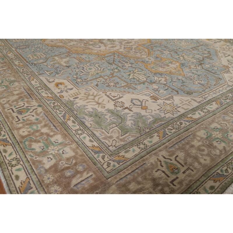 Geometric Blue Tabriz Persian Area Rug Handmade Blue Wool Carpet - 6'7"x 9'8"