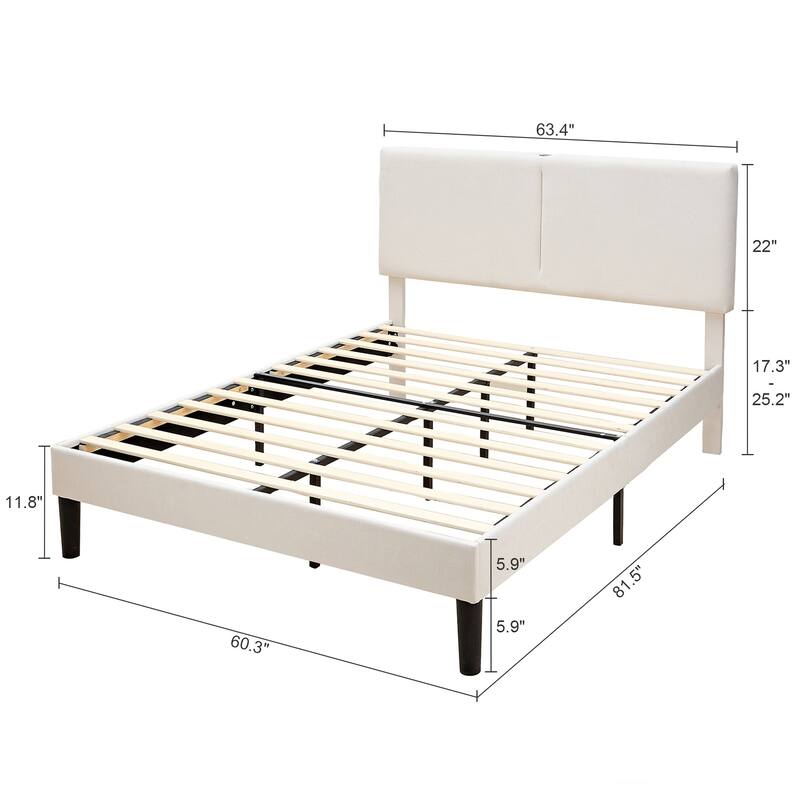 Javlergo Upholstered Platform Bed Frame with 2 USB Charging Station & Adjustable Headboard, No Box Spring Needed