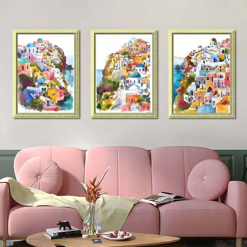 Set of 3 Colorful Cityscape Framed Wall Art - Replaceable Canvas Prints with Wood Picture Frames - Green,Pink