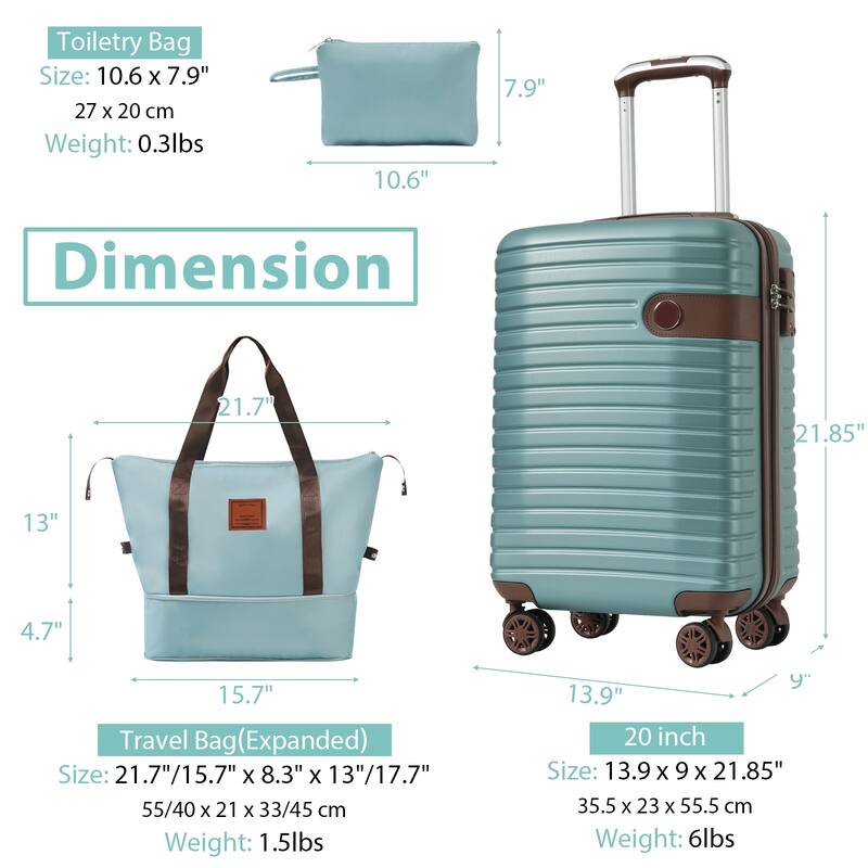 3 Piece Luggage Sets, Lightweight Hardshell ABS Carry on Luggage with Spinner Wheels and 3-dial TSA Lock, for Men and Women