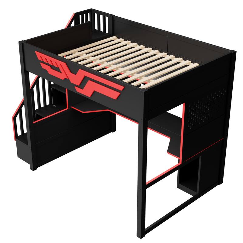 Roomfitters Full Size Gaming Loft Bed with Integrated Desk and Storage Stairs, Heavy Duty Metal Frame, Red and Black