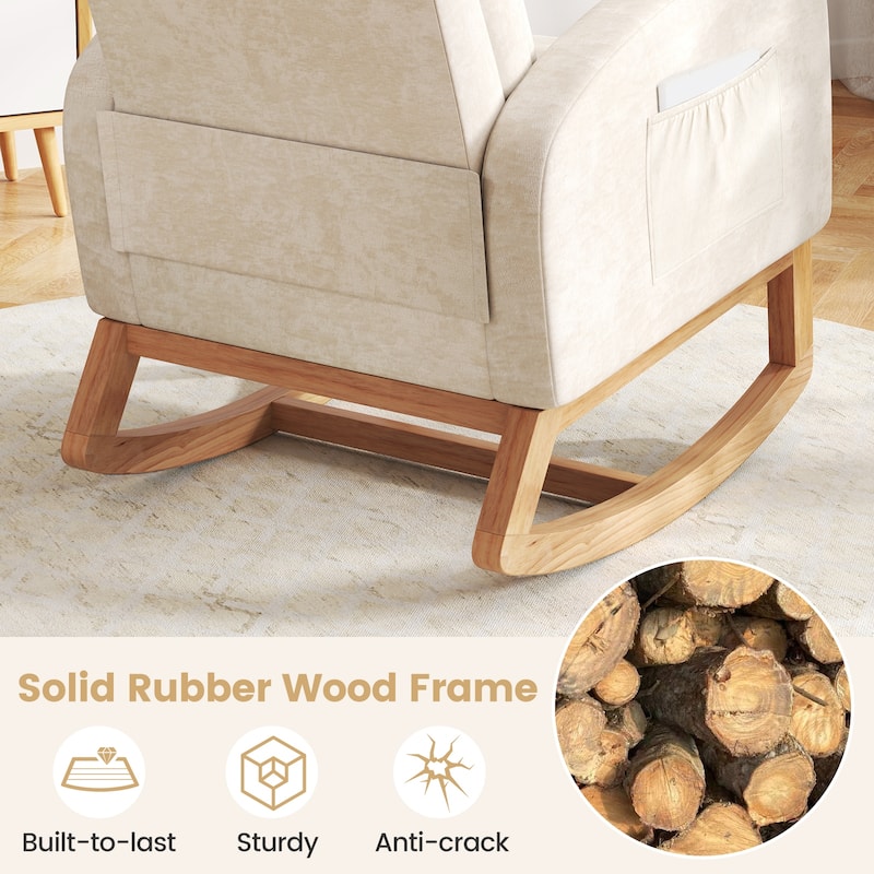 Beige Rubber Wood Rocking Chair with Chenille Fabric, Side Pocket and Ergonomic Design - 36” x 27.5” x 43” (L x W x H)