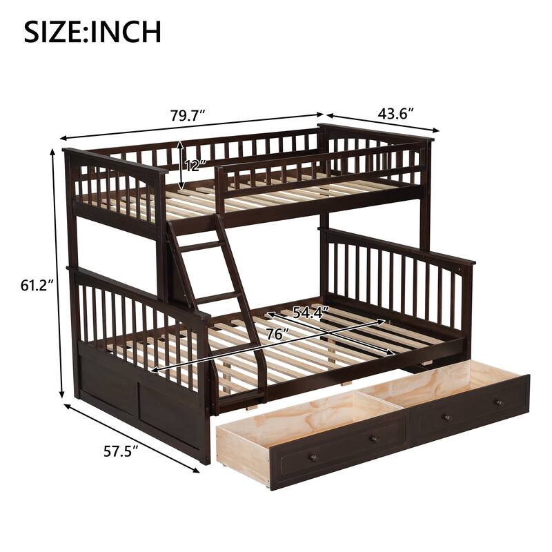 Wooden Storage Bunk Bed Frame with Fence-shaped Guardrails and Pull-out Drawers, Convertible 2 Platform Beds, Detachable Design