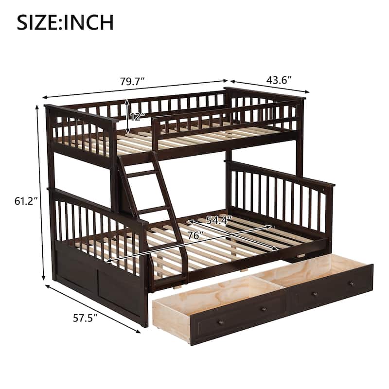 Wooden Twin over Full Bunk Bed with 2 Drawers, Detachable into 2 Beds, Solid Pine Wood Bunk Bed Frame with Fence Guardrail