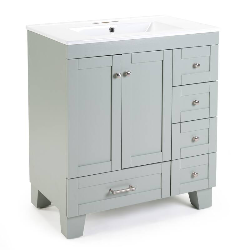 30" Blue Grey Bathroom Vanity with Ceramic Sink - Soft-Close Drawers, Solid Wood Frame, Multi-Organizer Storage
